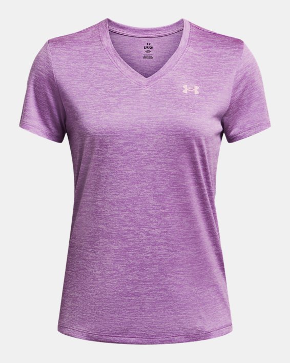 女士UA Tech™ Twist V領短袖T恤 in Purple image number 2